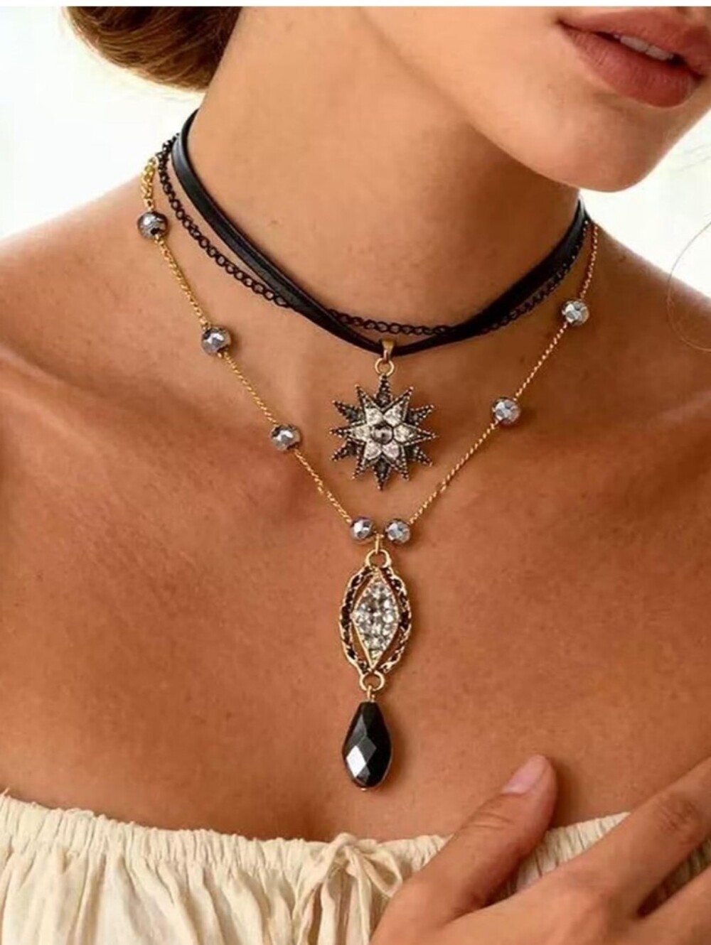 Bohemian Black & Gold Layered Star Pendant Necklace - Women Jewelry